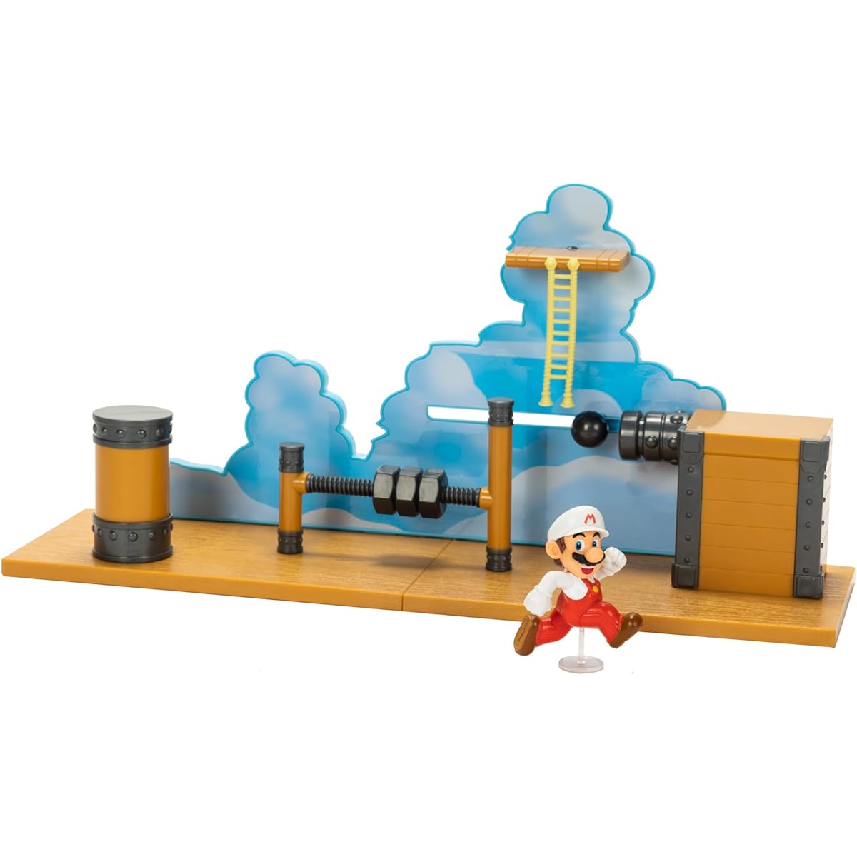 Super Mario Deluxe 2.5in Bowser's Air Ship Playset with Fire Mario Action Figure, rope ladder and screw-bolt obstacles