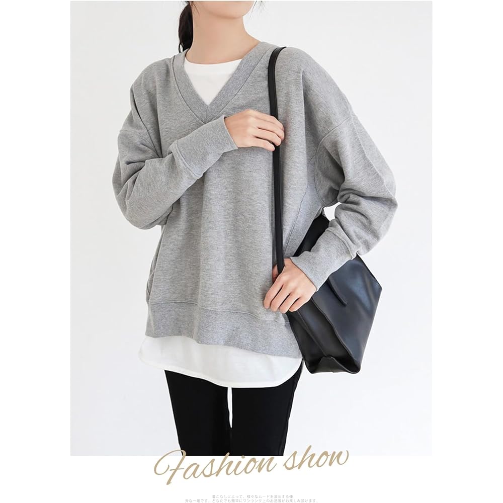 [xppe] Women's Sweatshirt, Top, Long Sleeve, V-Neck, Different Front and Back, Sweatshirt, Cotton, Loose, Plain, Soft, Stylish, Layered, Slimming, Body Coverage, Casual, Everyday, Daily Fashion, Commuting, Office, Comfortable, Spring, Autumn, Winter, Swe