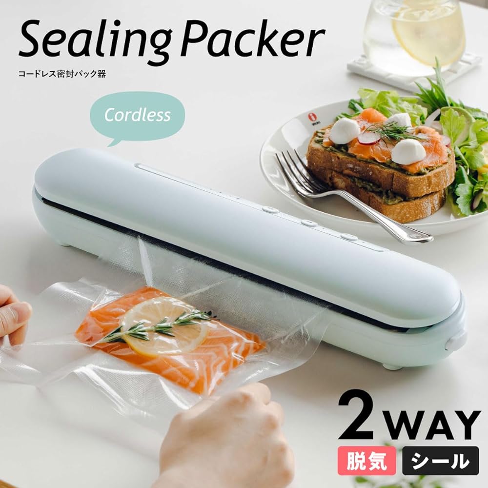Ohm Electric Vacuum Packing Machine Food Sealer Rechargeable Cordless Sealing Packing Machine Heat Sealer Deaeration Sealing Packer Vacuum Packing Machine with Cutter Vacuum Packing Machine for Compressing Clothes USB Charging Slim Compact Pastel Green C