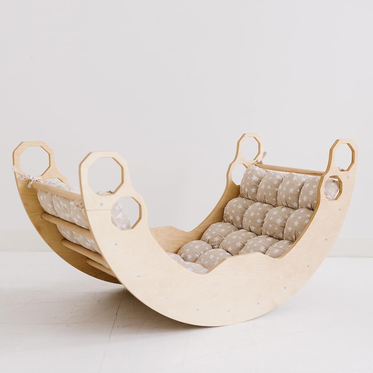 WOOD&ROOM Large Arch with Cushion Montessori Wooden Climber Rocker Indoor Playground for Toddlers & Kids Natural Color Rocker with Pillow (Beige Star)