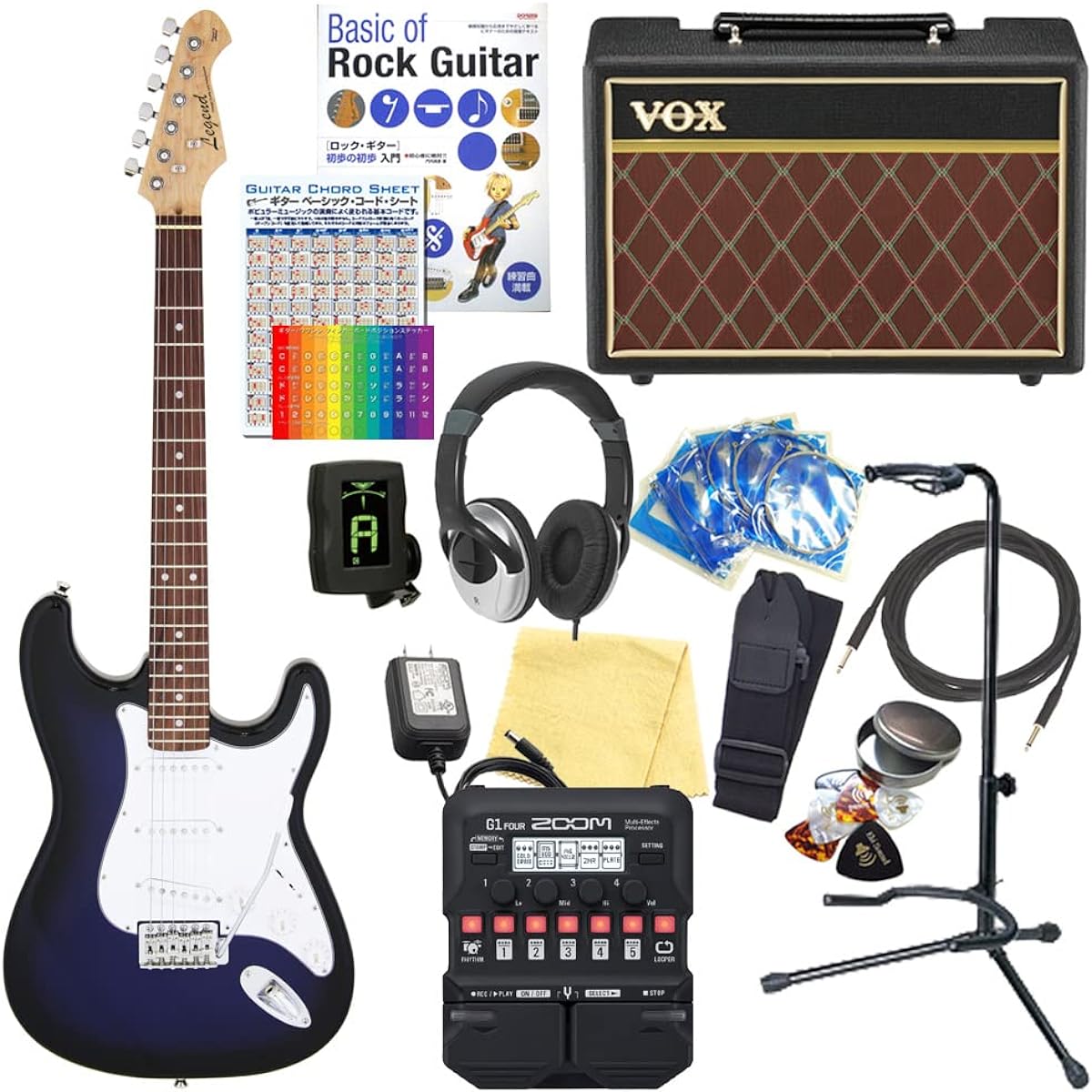 Electric guitar beginner set Stratocaster type 18-piece set with VOX amp Legend LST-Z BBS [ZOOM G1Four multi-effector included]