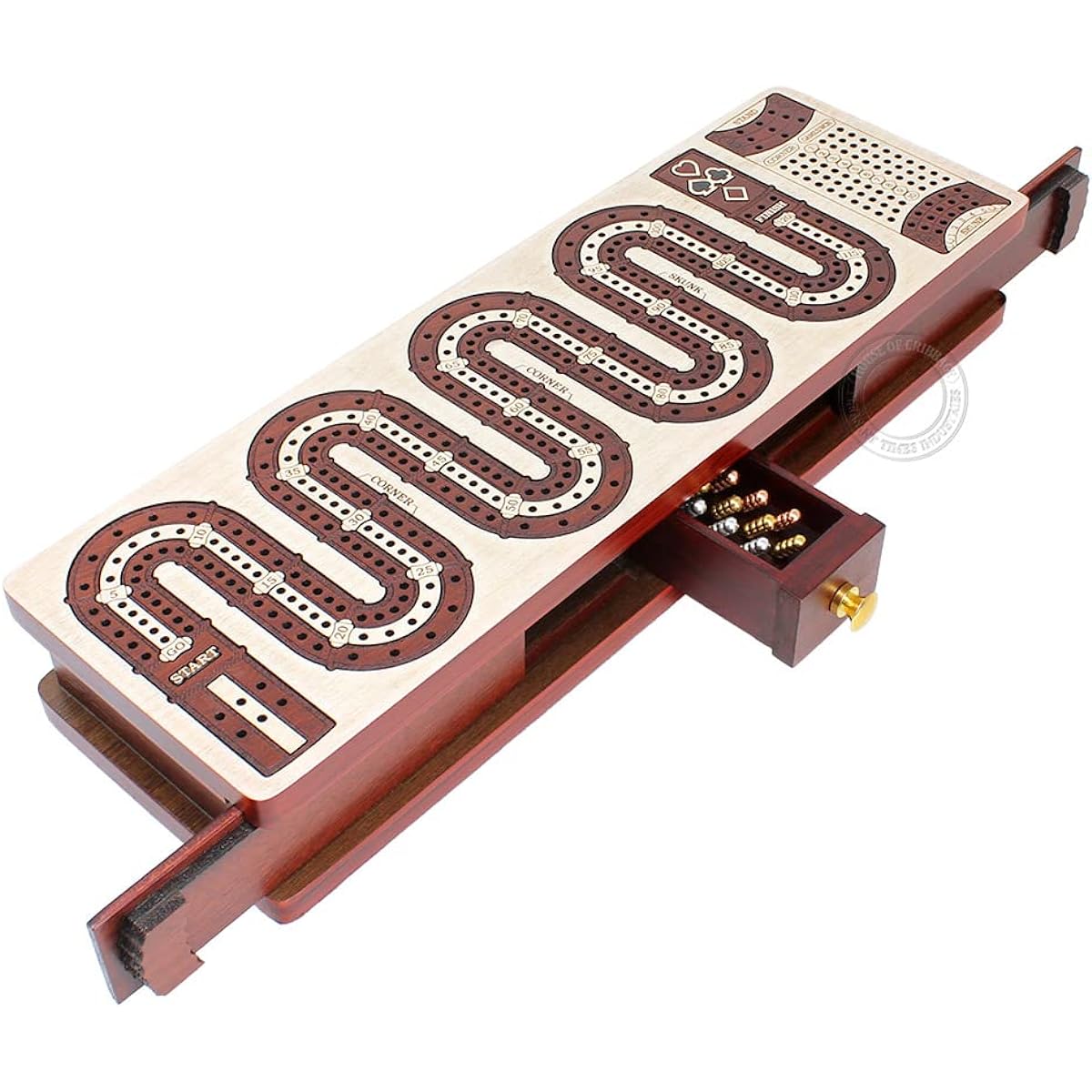 House of Cribbage - Continuous Cribbage Board Inlaid with Zig Zag Shape, 3 Tracks - Slide Lid and Drawer Storage for Cards & Pegs - Maple Wood / Bloodwood