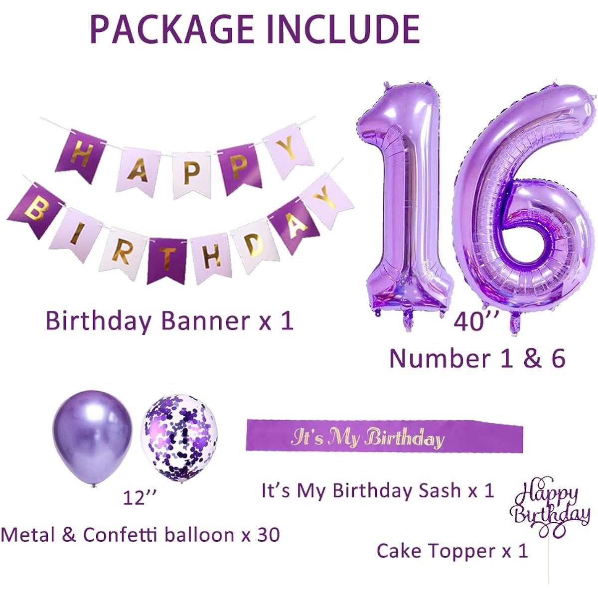 16th Birthday Decorations for Girls, 16th Birthday Balloons Purple, 16th Birthday Decorations Purple Balloons, It's My Birthday Sash, Cake Topper, Birthday Banner for 16th Birthday Decorations