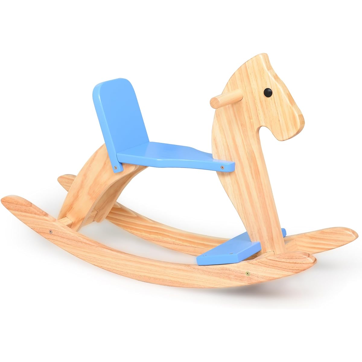 KRAND Wooden Rocking Horse Baby Ride-on Toy, Toddler Rocking Horse Classic Design with Pedals and Safe Backrest, Blue