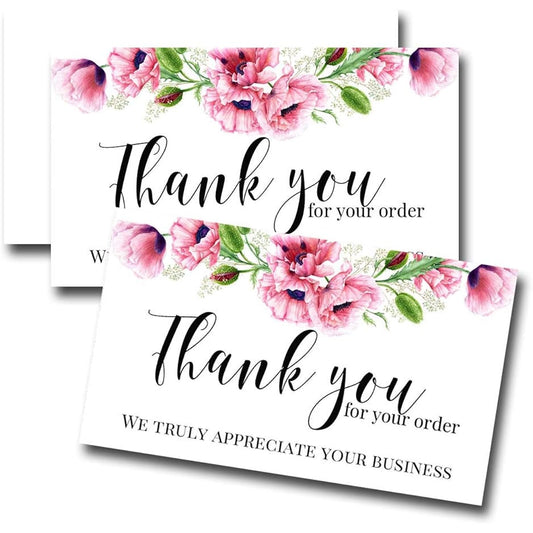 AmandaCreation Pink Poppy Floral Thank You Customer Appreciation Package for Small Business, Single Sided Insert Cards, 100 Count, 2" x 3.5"