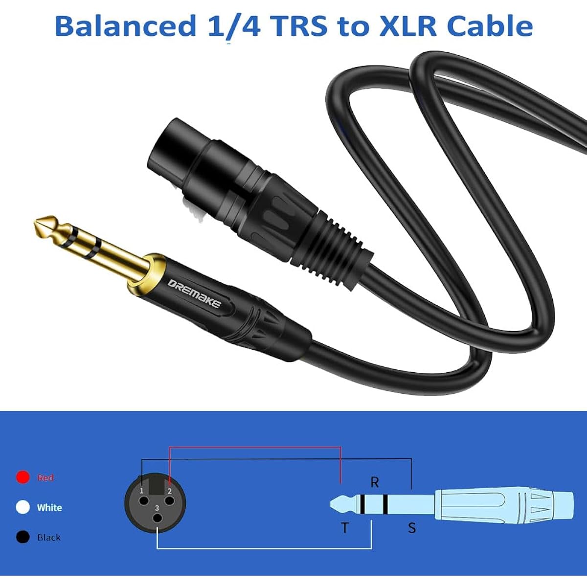 dremake 6.35 MM (1 / 4 Inch) Male to Male Unbalanced Guitar Cable 50FT Black MK-00003-Black-50FT