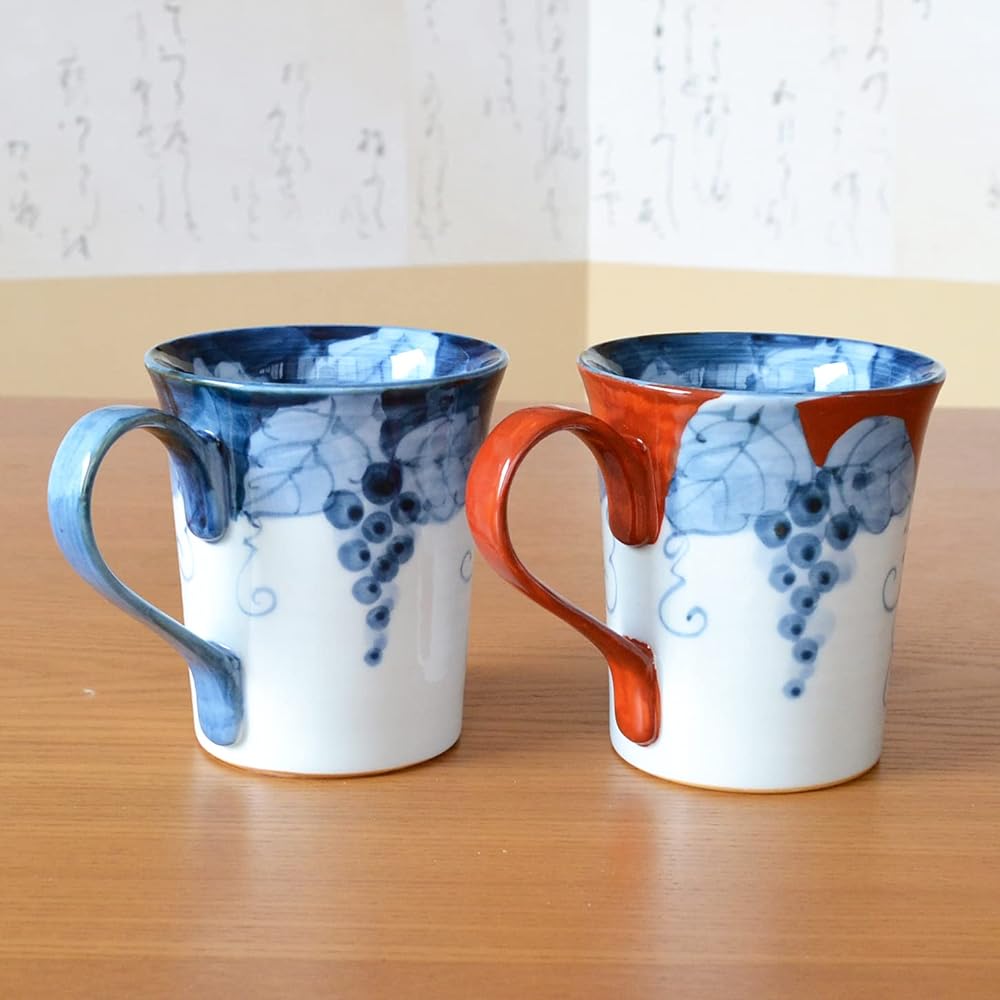 Retirement Gift Mug Coffee Cup Pair Set of 2, Arita Ware, Thank You Gift in a Wooden Box, Microwave Safe, Fuchino Grape