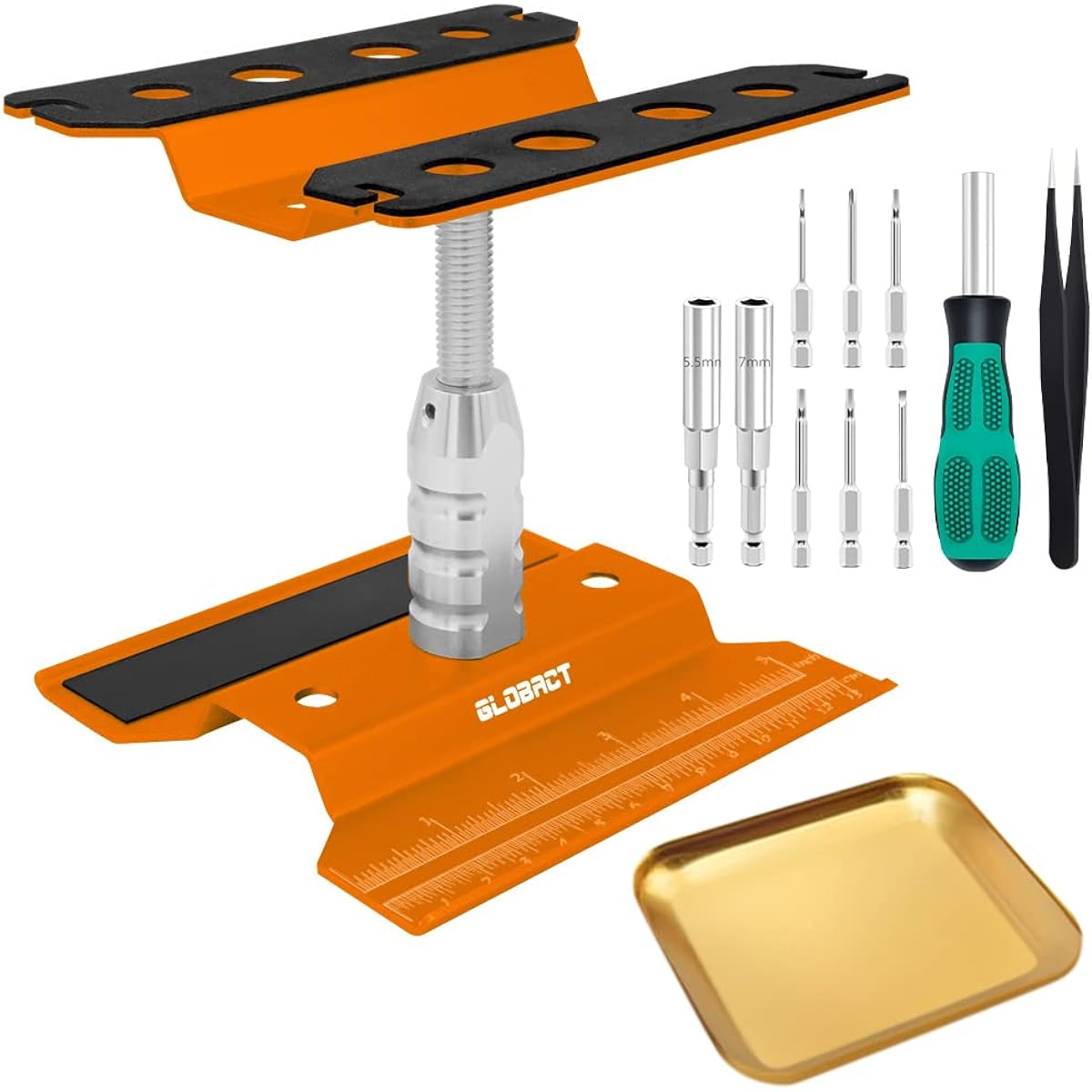 GLOBACT RC Car Stand, RC Work Stand, RC Car Repair Work Stand Hobby Tool Set 360 Degree Rotation Under Lift with Screws Pallet Driver for 1/8 1/10 1/12 1/16 1/18 RC Car Truck Crawler (Orange)