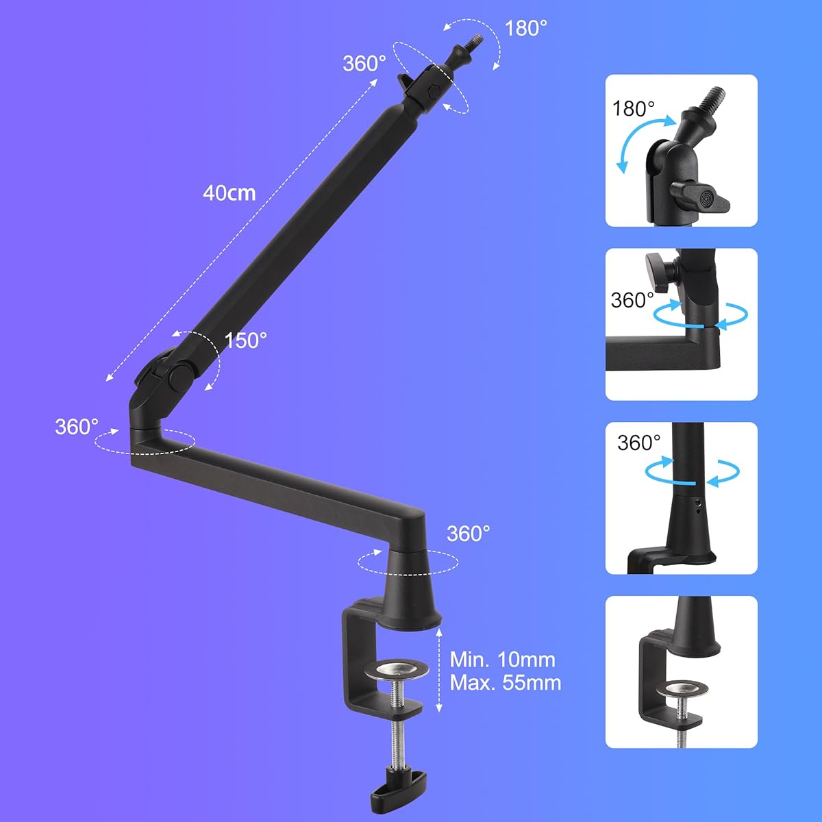 Prizmora Low Profile Microphone Arm, Adjustable Microphone Boom Stand Solid Metal Desk Mount Microphone Boom Arm Cable Management Desktop Flexible Microphone Holder