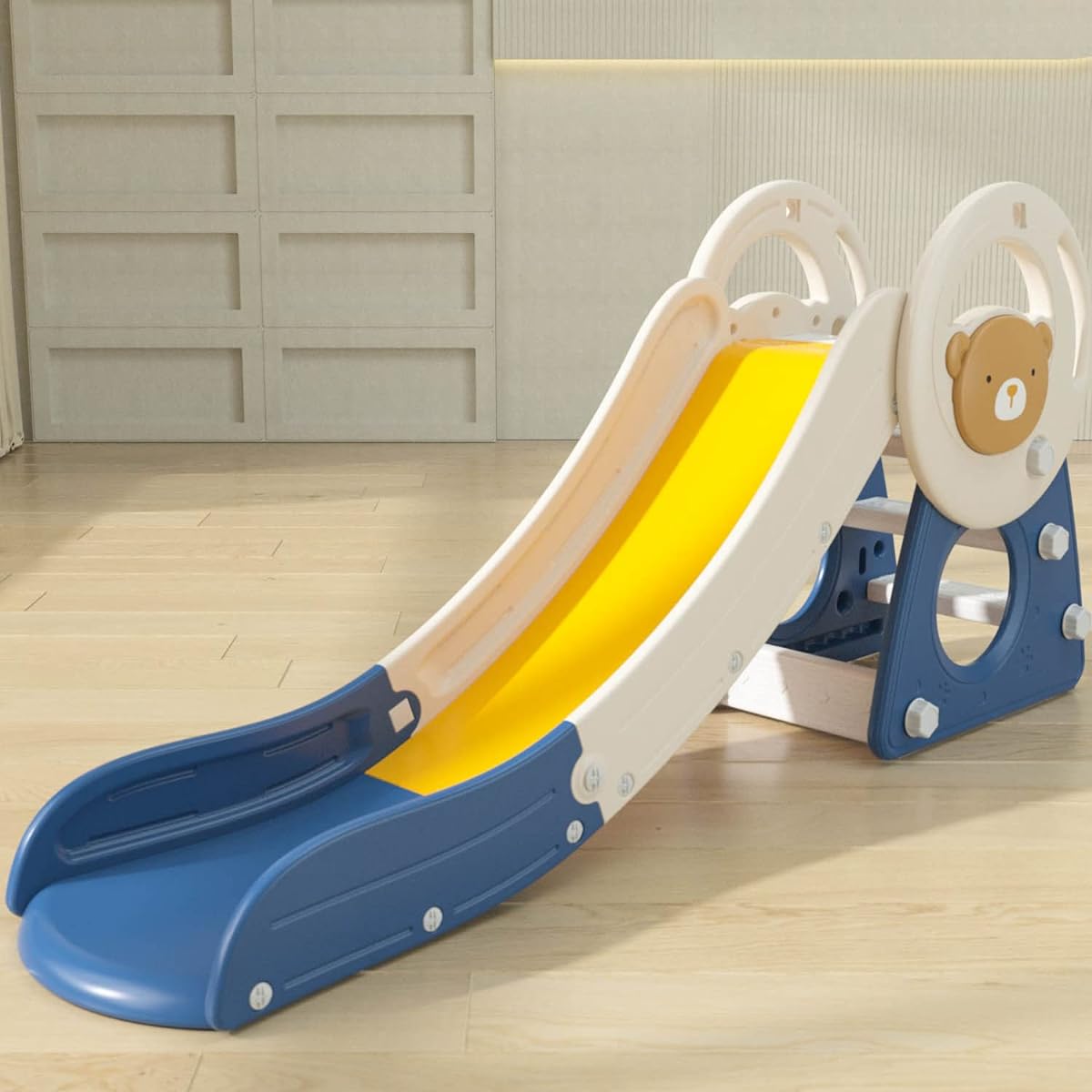 CHIIRAKU Bear Kids Slide, Kids Slider, Foldable, Includes Basketball Hoop, Indoor, Easy to Assemble, Convenient to Store, Load Capacity 75KG, 180CM Large, Sturdy for 10KG, Ages 2 and Up (Blue)