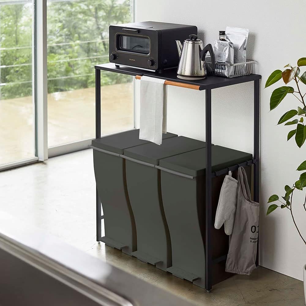 Yamazaki Jitsugyo 5327 Telescopic Trash Top Rack Black Approx. W42.5~76XD42.5XH90cm Tower Kitchen Rack with Hook