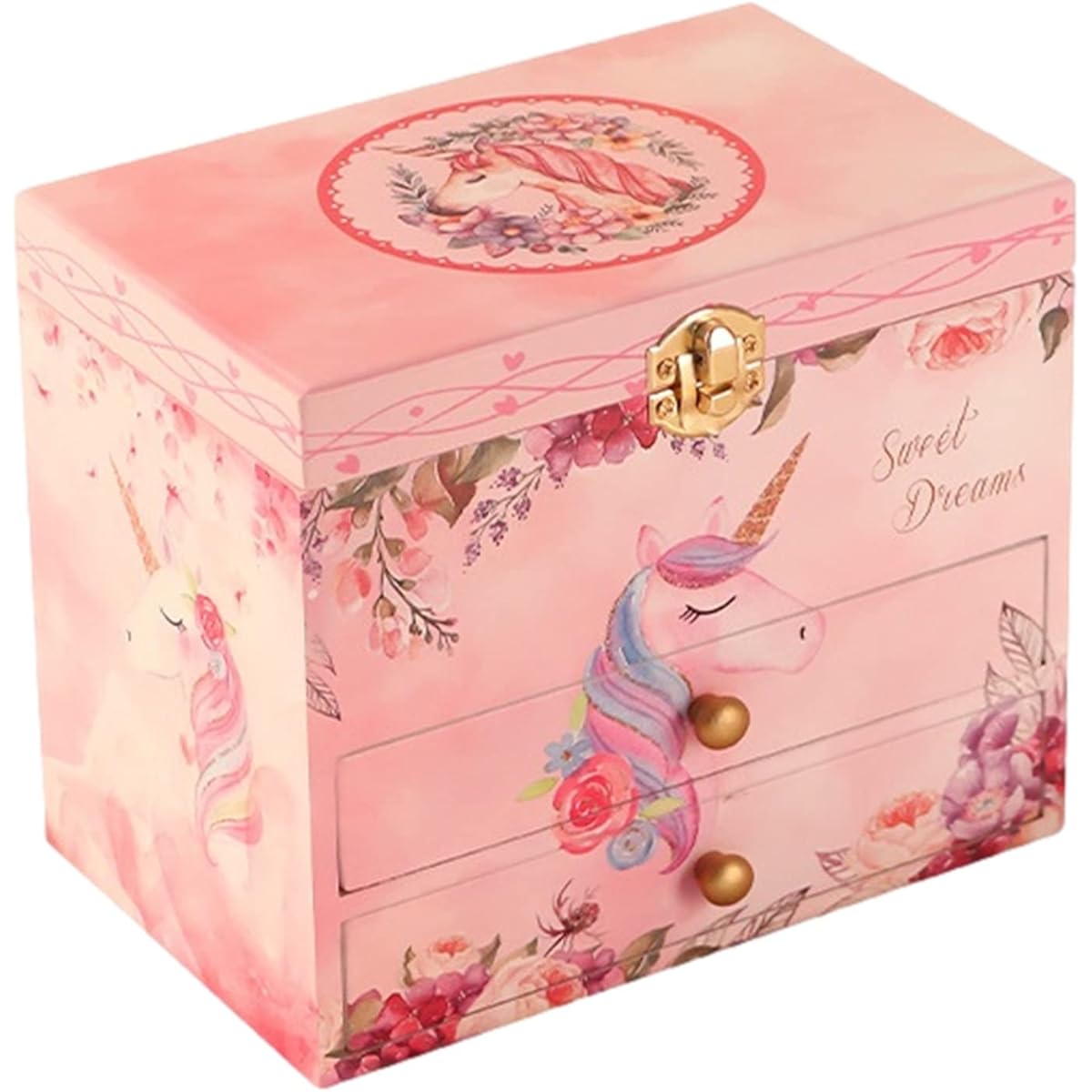 Wooden Children's Music Box Accessories Case Jewelry Box Girls Toy Box with Mirror (Unicorn Pink)