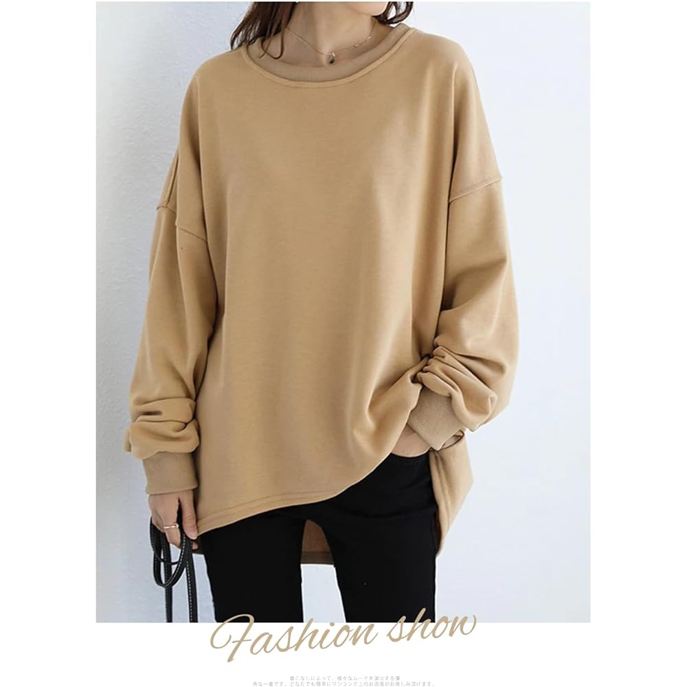 [xppe] Women's Sweatshirt, Hairless Lining, Back Slit Sweatshirt, Round Neck, Oversized, Cut and Sew, Long Sleeves, Voluminous Sleeves, Pullover, Large, Simple, Plain, Slimming, Body Coverage, Stylish, Adults, Elegant, School, Date, Commuting, Tops, Spri