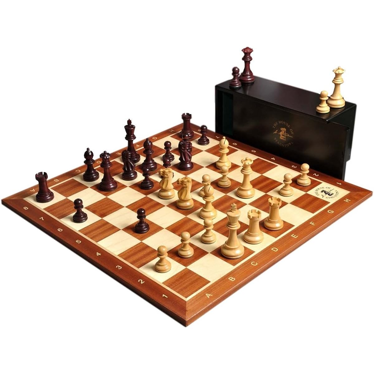 Guild Grandmaster Chess Set, Box & Board Combination - 3.25" - Purpleheart Gold Foil & Boxwood