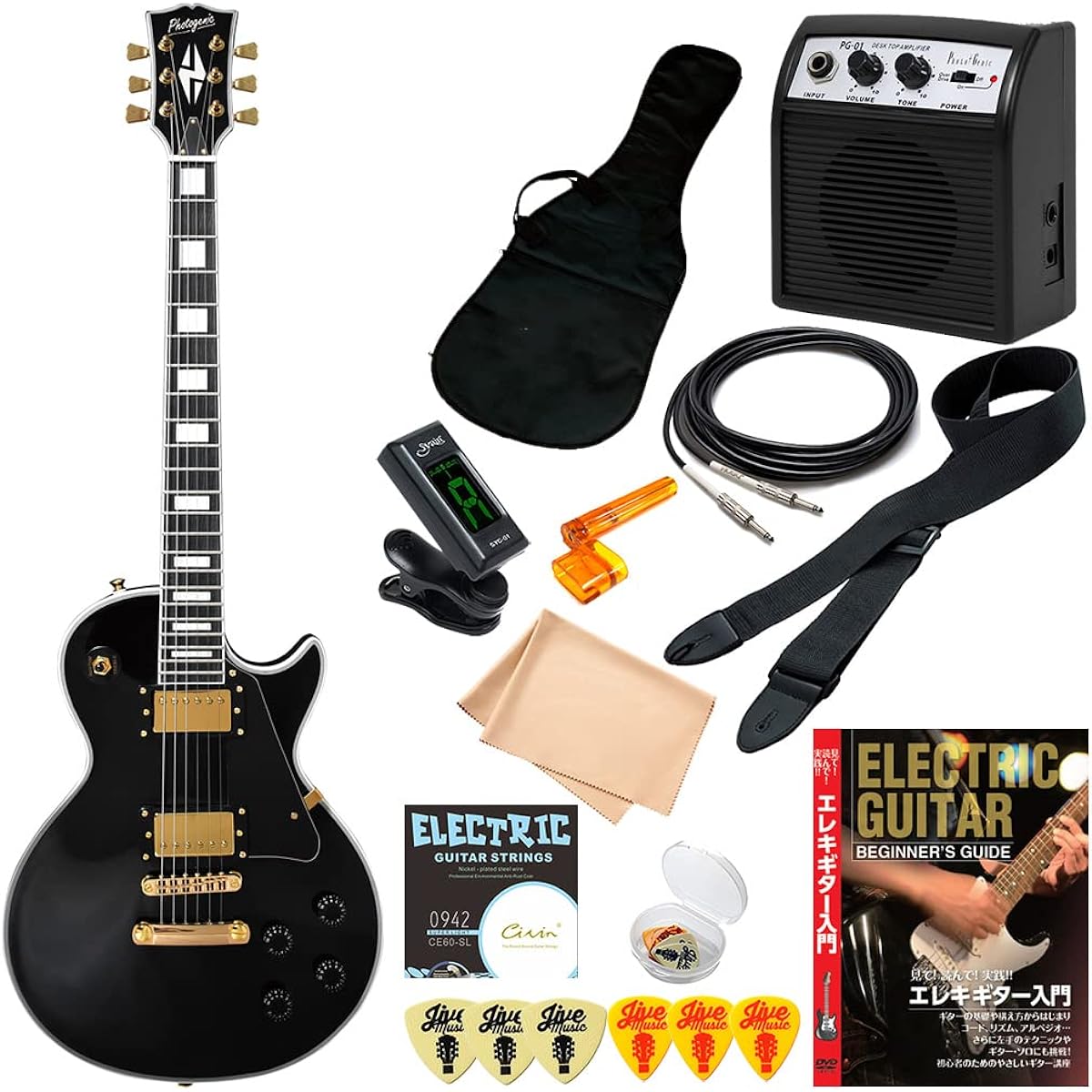 Electric Guitar Beginner Set 12 Pieces PhotoGenic LP300C Black Les Paul Custom Type