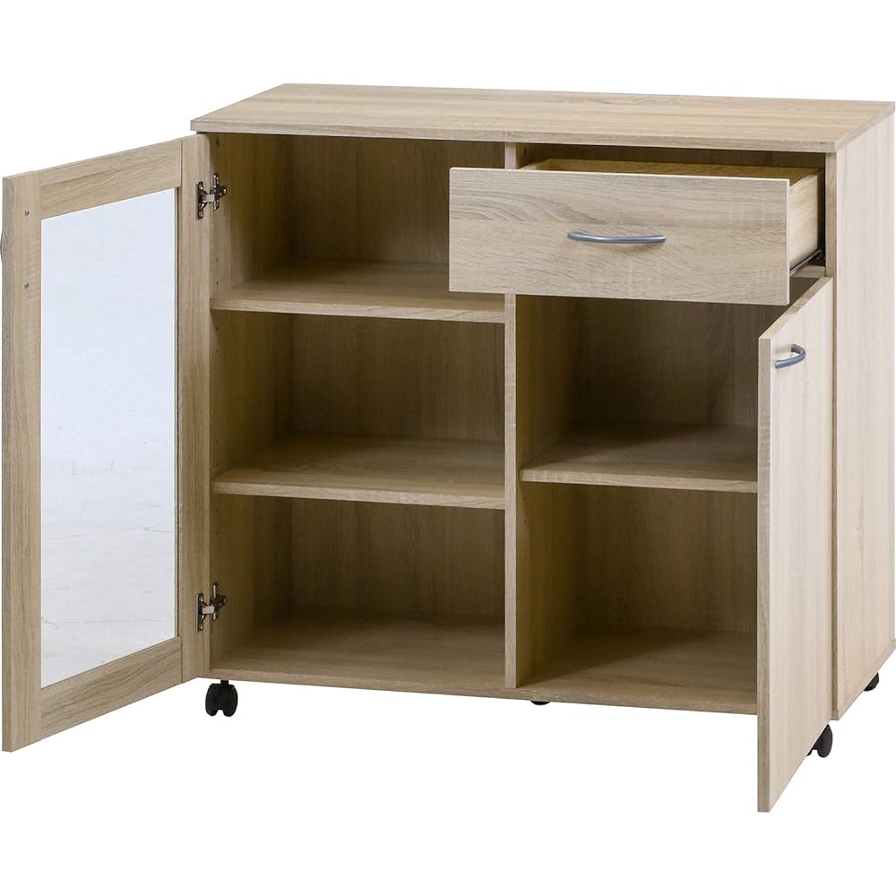 Fuji Boeki Cupboard Cabinet Kitchen Storage Width 90 x Depth 39.8 x Height 84 cm Antique White Wood Grain with Casters 99903