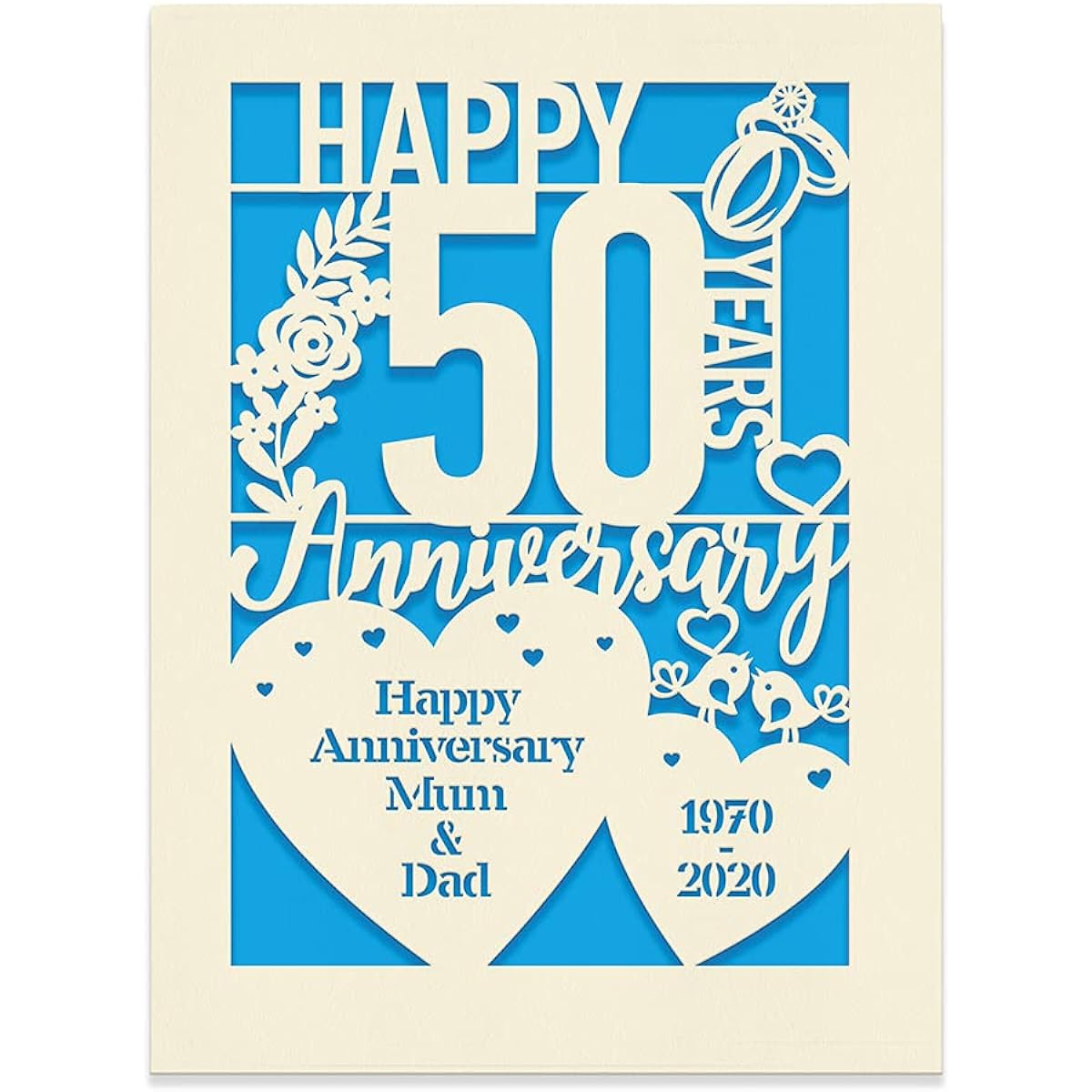 EDSG Anniversary Card Gift Wedding Memories Lover Couple Girl Woman Wife Laser Paper Cut Cards for Her with Customized Name and Time (Blue)