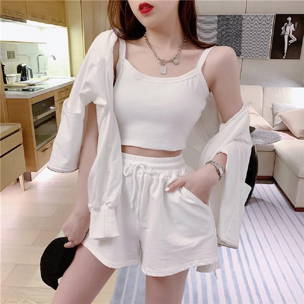 [Yejocely] 3-piece jersey top and bottom set, active wear, zip-up hoodie, camisole, shorts, women's, spring, summer, loungewear, loungewear, with pockets, Korean fashion, simple