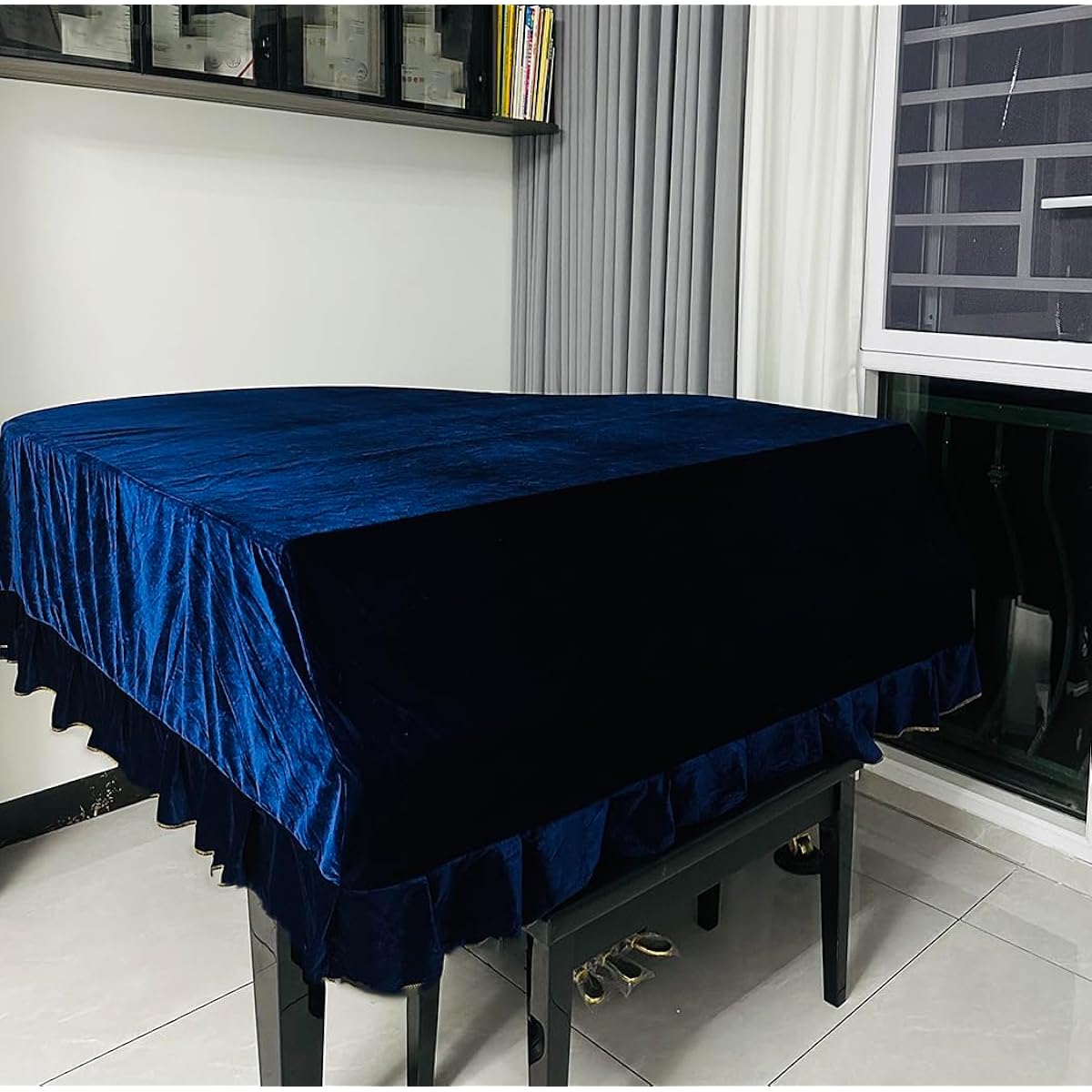 J&C Grand Piano Cover 150-160cm 220G Thick Pleuche Cloth Gold Velvet 5' 5.5' 5' 8' 6' 6.8' 7.5' 8' Dustproof/Static Cover (Blue, Excluding Chair Cover, 6.2 -6.5')