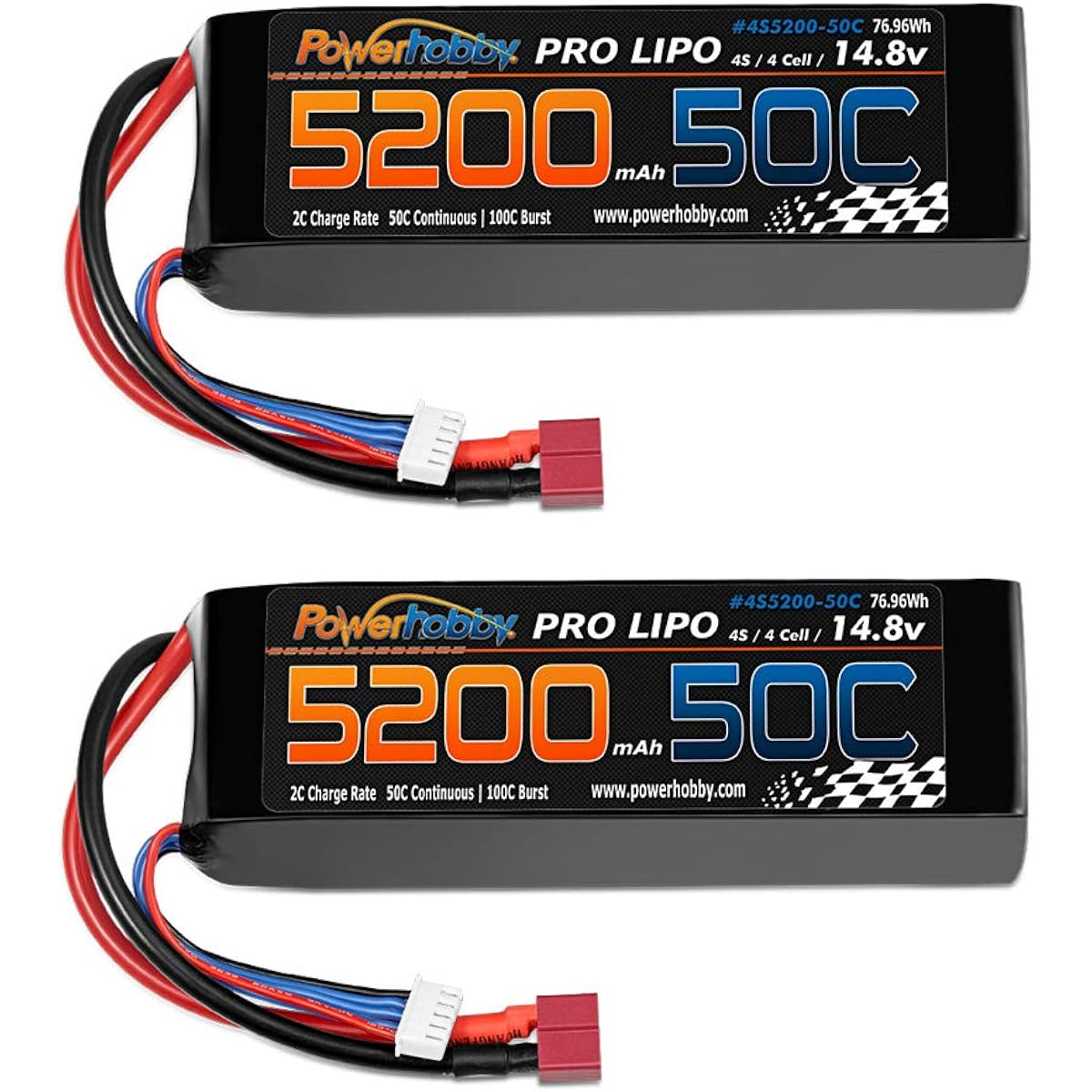 PowerHobby 4S 14.8V 5200mAh 50C Lipo 4.4W Deans Plug 4 Cells (2 Pack) Fits: Truck Buggy Truggy Airplane Heli Helicopter