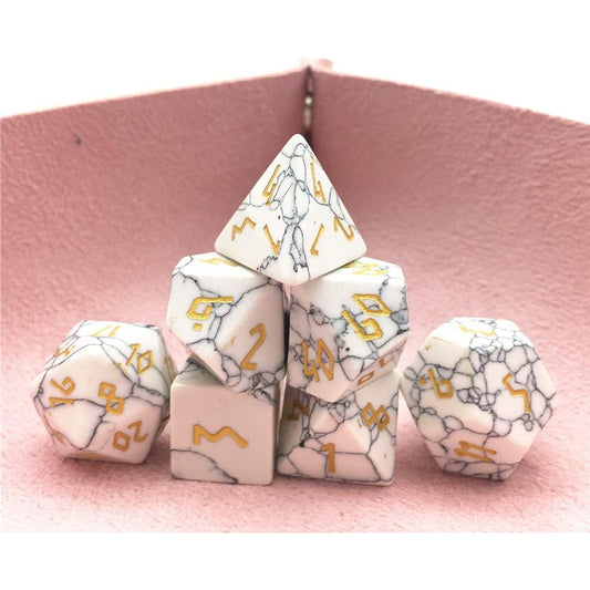 Amatolo Stone Dice Set of 7 Handmade RPG Dice for Dungeons & Dragons Made from Natural Gemstones with Pink Tray (B10 White Turquoise)