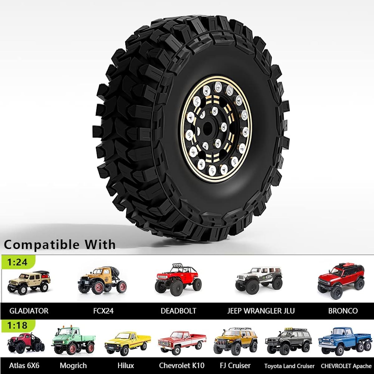 EPINON 1.0 Brass Beadlock Wheels and Tires for 1/18 TRX4M Axial SCX24 FMS FCX24 1/18 1/24 RC Crawler Upgrade(4pcs)