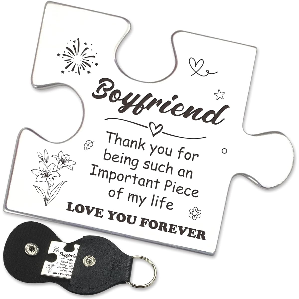 FTONENI Pocket Token Gifts for Boyfriend Birthday Anniversary Christmas Girlfriend Long Distance Relationship Thank You Gifts Puzzle Pieces Keepsake with PU Leather Keychain - PTA06, Silver, Standard