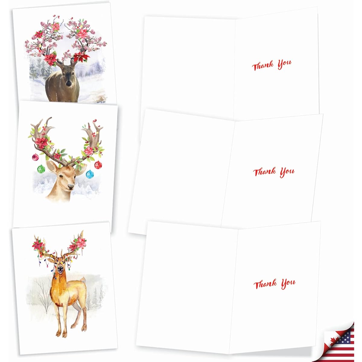 The Best Card Company Flowering Reindeer - Assorted Box of 20 Christmas Thank You Cards with Envelopes (4 x 5.12 inches) - Season of Gratitude Flower Branches AM7378XTG-B2x10