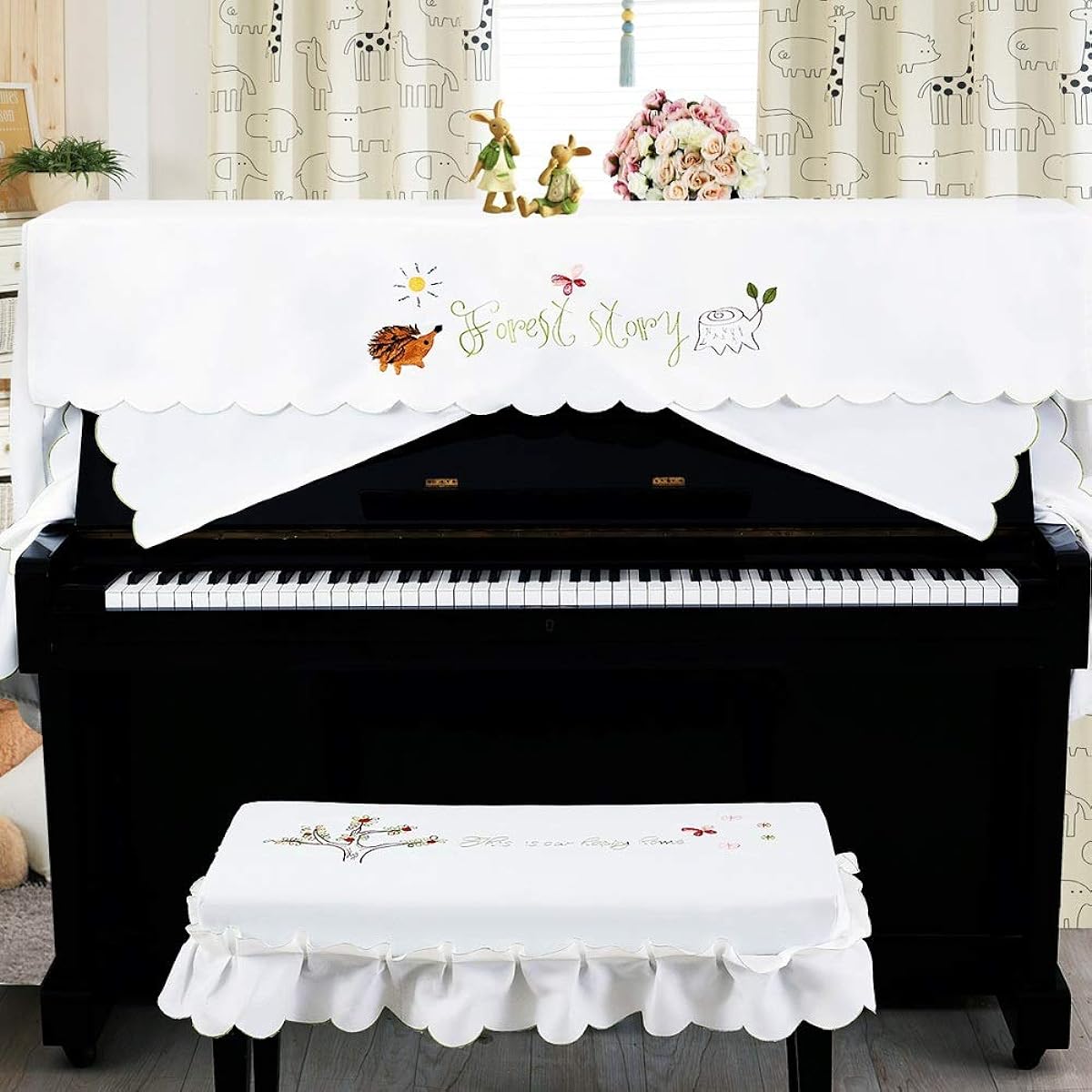 Piano Cover Bench Cover Cloth White Korean Style Classic Piano Half Cover Polyester Fabric Cartoon Piano Dust Cover Luxurious Durable Fabric (Color: White, Size: Double Bench-L)