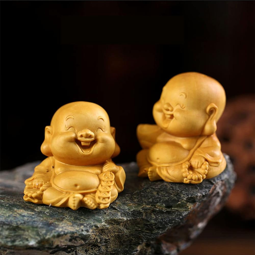 Mini Cute Hotei-like Ornament, High Quality Natural Boxwood Wood Carving [Set of 2] Buddha Statue, Wood Carving, Seven Lucky Gods Ornament, Cloth Bag, Money Luck Amulet (Height 5.2cm x Width 4.7cm x Depth 4cm)