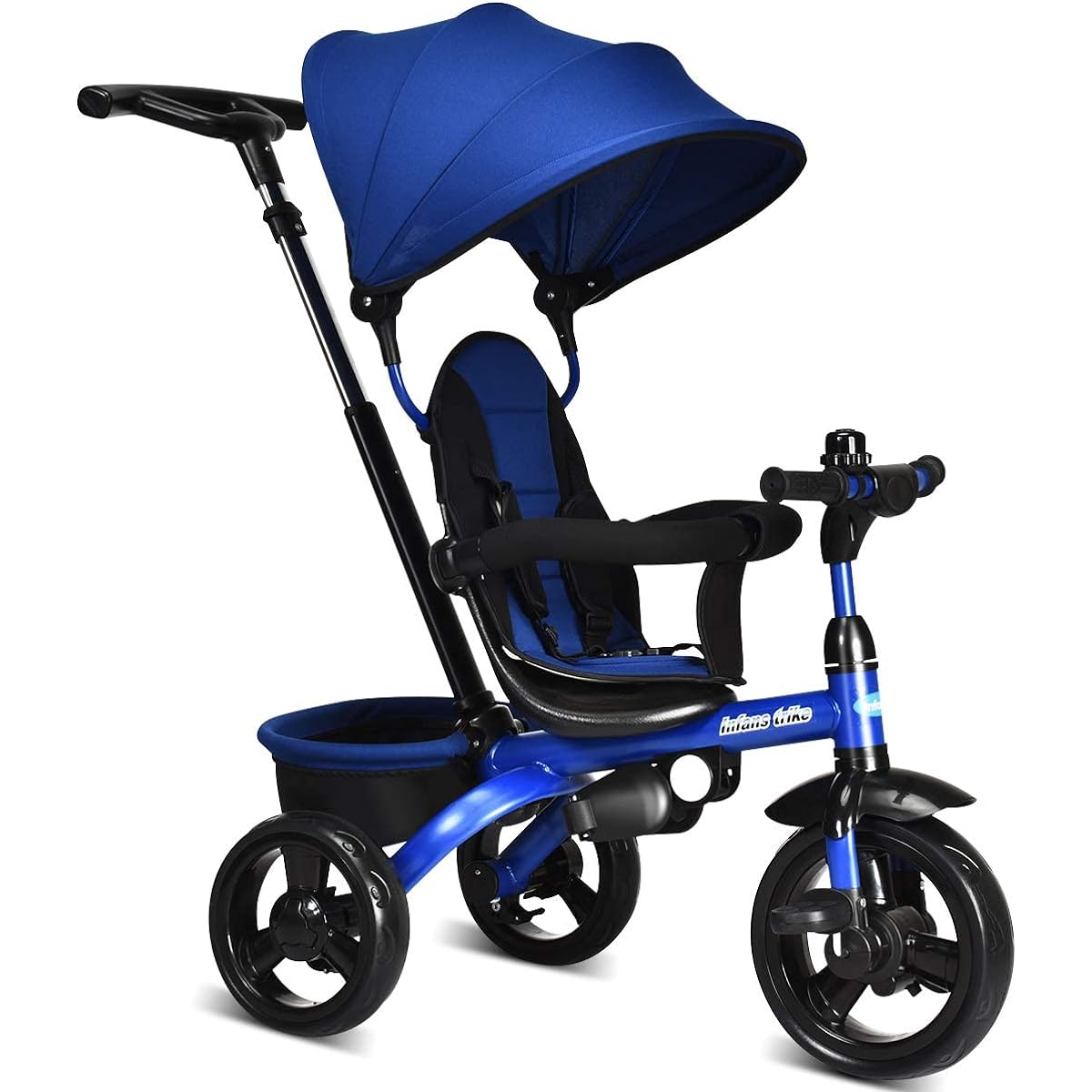 INFANS Kids Tricycle 4 in 1 Walking Tricycle with Adjustable Push Handle, Removable Canopy, Retractable Footplate, Lockable Pedals, Removable Guardrail, Suitable for Ages 10 Months to 5 Years (Blue)