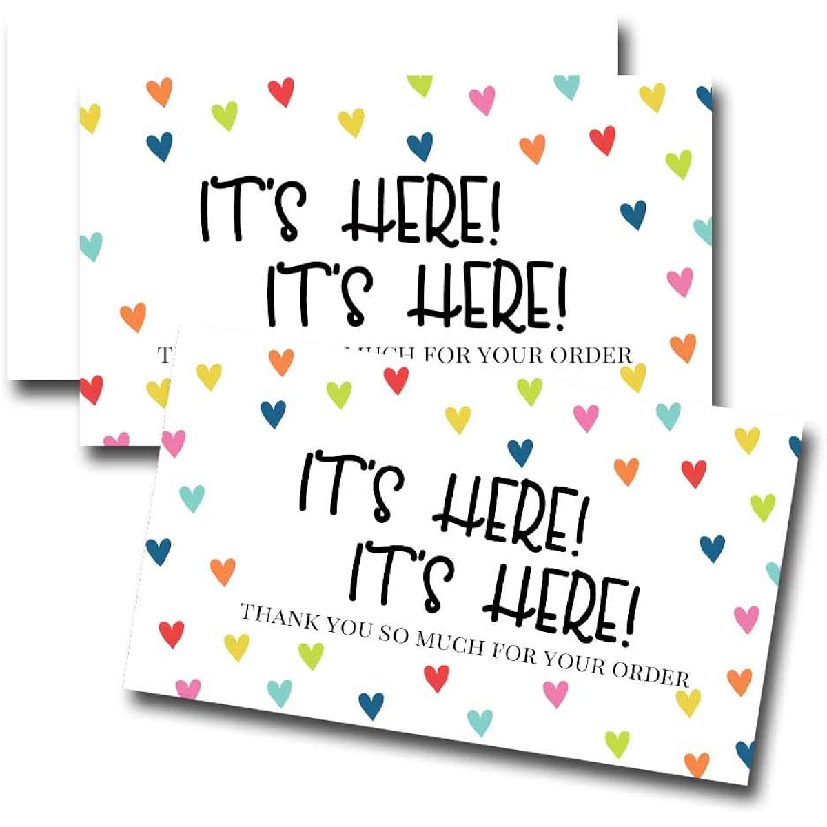 It's Here! It's Here! It's Here! Rainbow Heart Thank You Customer Appreciation Package Inserts for Small Businesses, 100 2" x 3.5" Single Sided Insert Cards by AmandaCreation