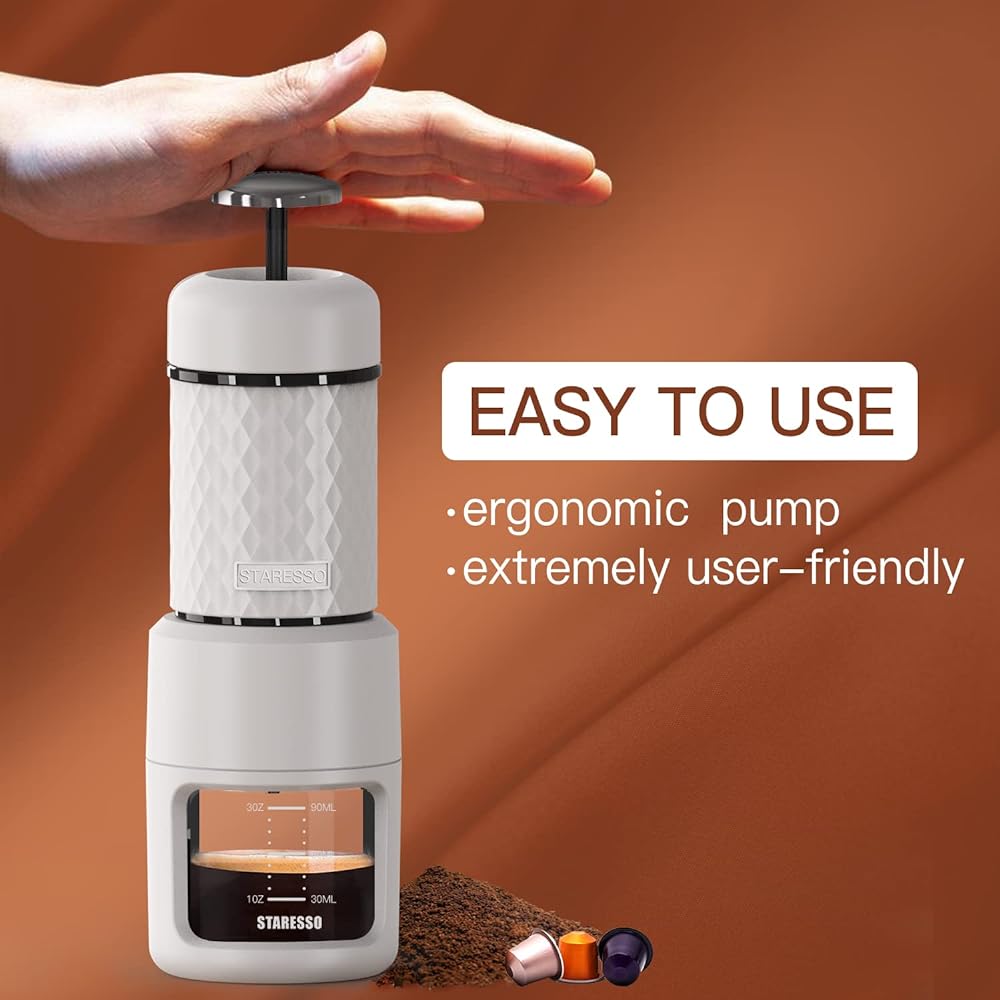 STARESSO Portable Espresso Machine SP200 Manual Coffee Maker Compatible with Ground Coffee, Small Travel Coffee Maker Manual Operation with Press, Hand Coffee Maker Ideal for Camping/Office/Home (White)