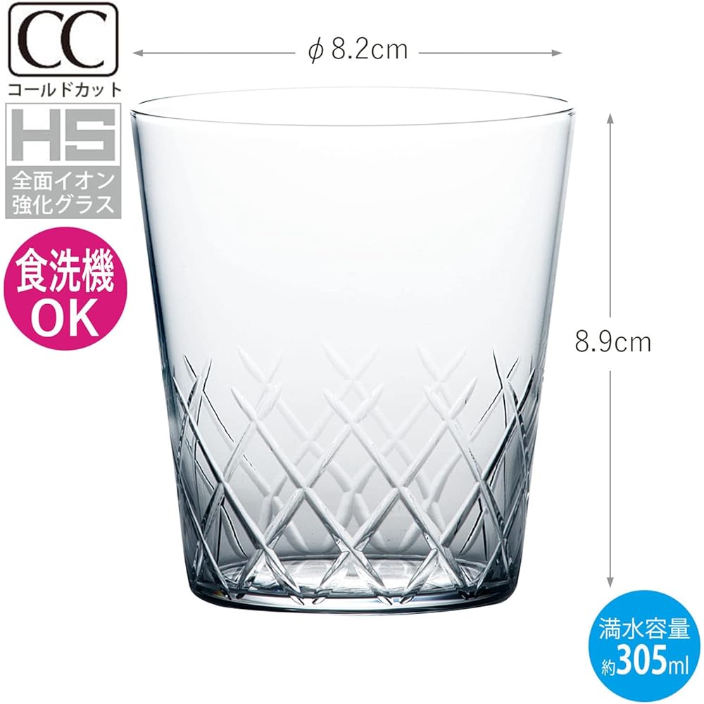 Toyo Sasaki Glass Rocks Glass, Thin Ice, Yarai Cut, 305ml, 6 pieces, Durable Tempered Glass, Whiskey Glass, Shochu Glass, Dishwasher Safe, Made in Japan, Unbreakable Cup, B-21109CS-C745