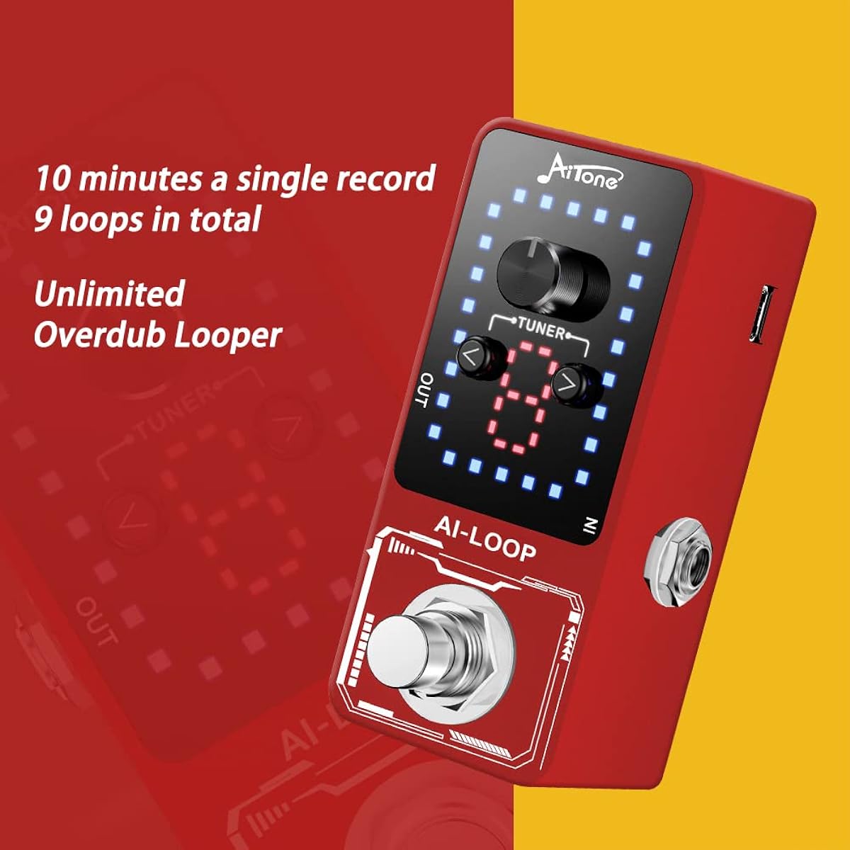 Guitar Looper Pedal with Tuner, 9 Loops, Effect Pedal with USB Cable, for Electric Guitar, Bass, Recording Time: 40 Minutes