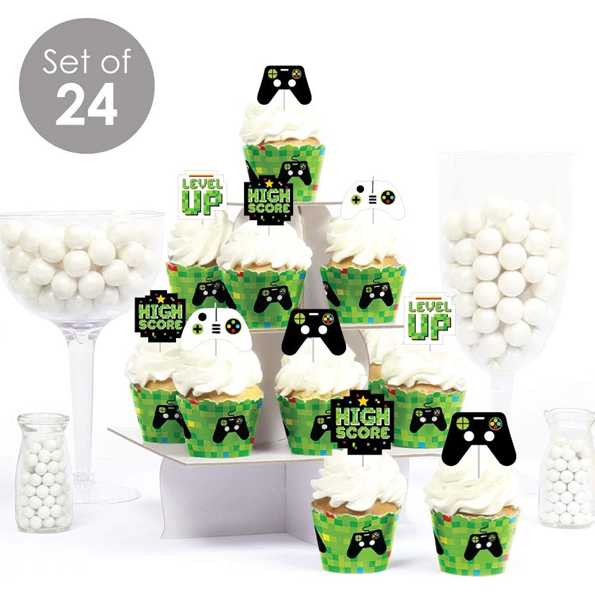 Big Dot of Happiness Game Zone Cupcake Decorating Pixel Video Game Party Birthday Party Cupcake Wrapper Treat Picks Kit Set of 24