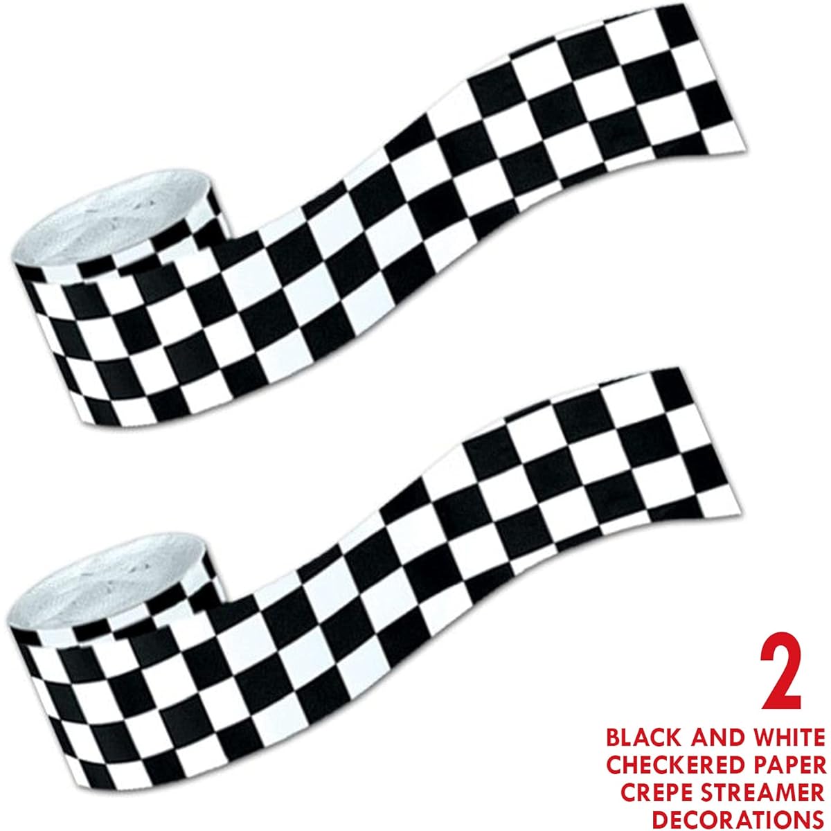 Race Party Black and White Checkered Paper Crepe Streamer Decorations 30' Length (2 Pack)