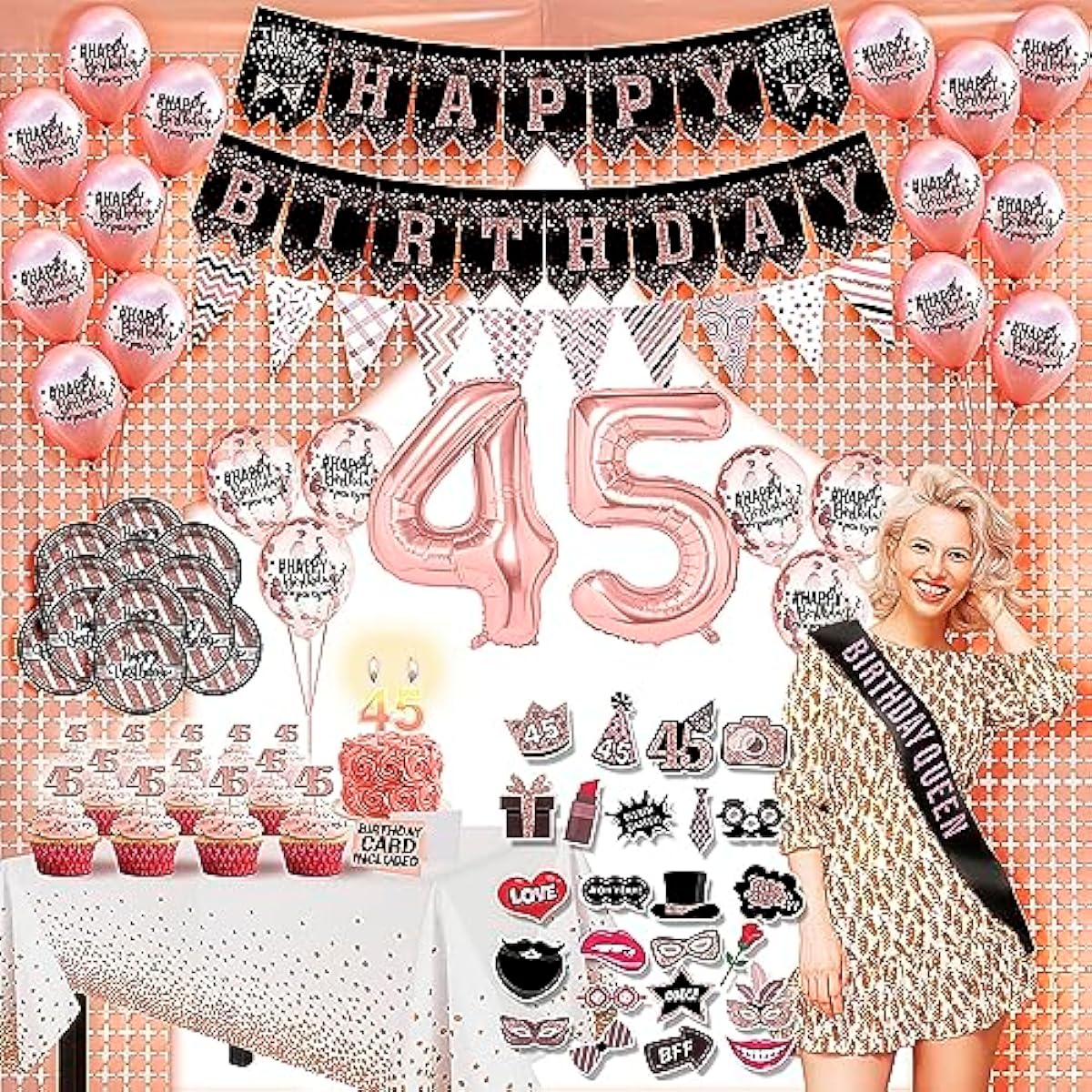 45th Birthday Decorations for Women (104 Pack) Rose Gold Party Banner Pennant Hanging Swirl Birthday Balloons Foil Background Cupcake Toppers Plates Photo Props Sash Tablecloth Candle Pom Poms