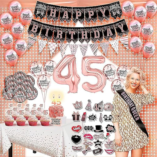 45th Birthday Decorations for Women (104 Pack) Rose Gold Party Banner Pennant Hanging Swirl Birthday Balloons Foil Background Cupcake Toppers Plates Photo Props Sash Tablecloth Candle Pom Poms