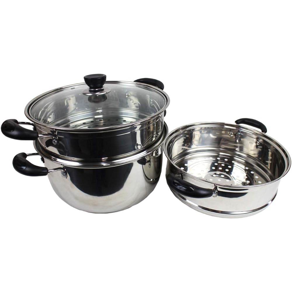 Commercial Kitchen Equipment Hist Steamer IH Compatible Steamer with Glass Pot Lid Stainless Steel (3 Tiers 28cm)