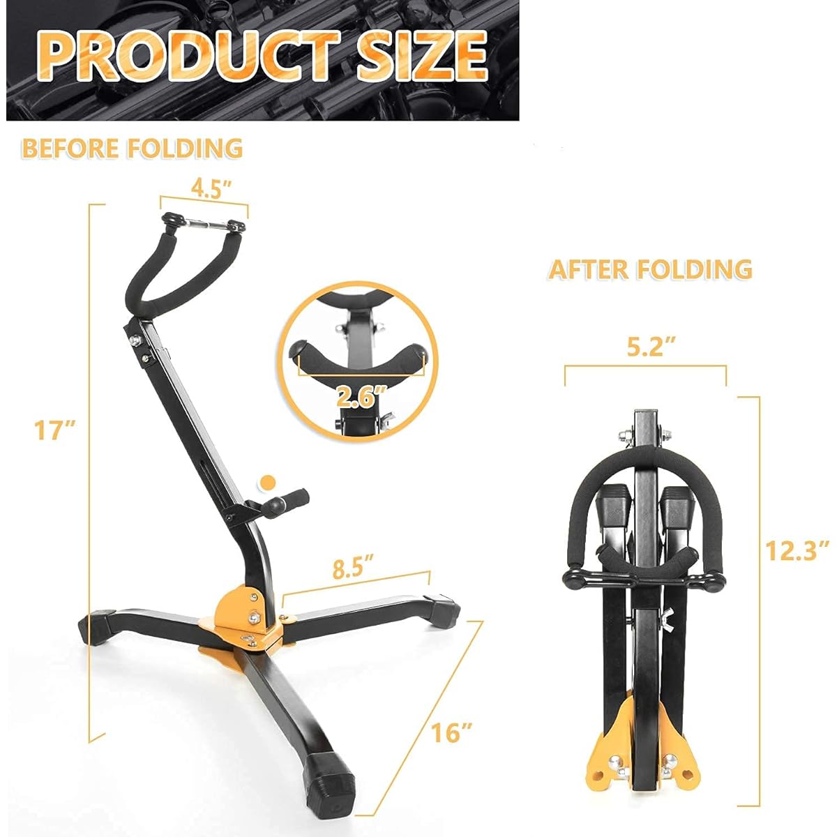 Gonioa Foldable Saxophone Stand, Alto/Tenor Saxophone Stand, Adjustable Metal Triangle Base Design, Saxophone Holder Rack, Portable Musical Instrument