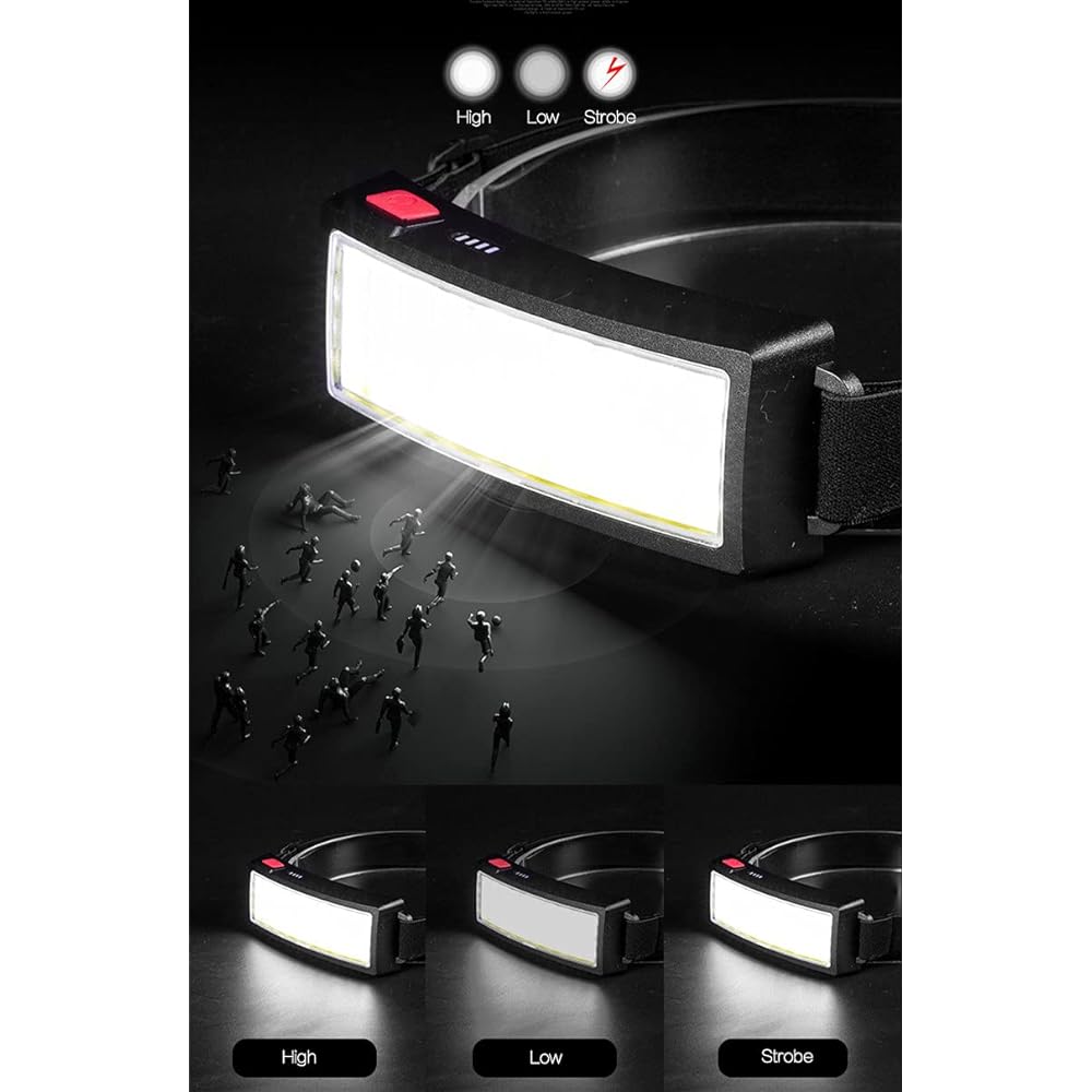 Rechargeable LED COB Headlamp, Ultra Bright Battery Powered COB Headlight with 3 Modes, Built-in Battery, 220° Wide Angle Lighting, Lightweight IPX4 Waterproof Adjustable Head Torch for Hiking, Running, Fishing, Camping, Daily Use