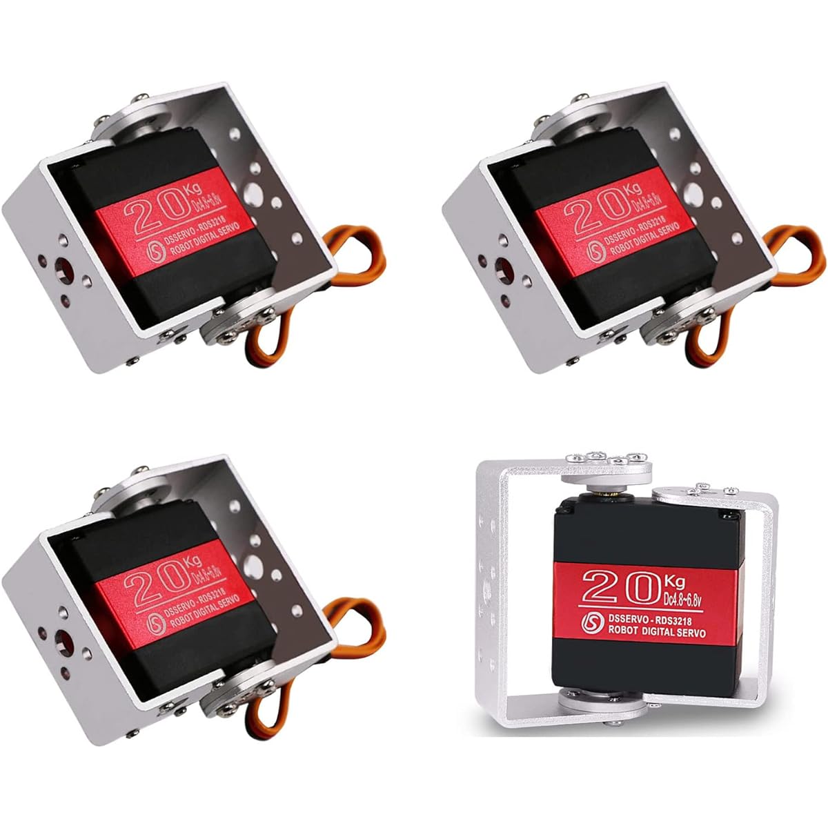 RCmall 4Pcs RDS3218 20KG Dual Shaft U-Mount RC Digital Servo - Waterproof Robot Arm Servo - High Torque Full Metal Gear Servo with U-Mount Bracket for DIY Baja Car 1/8 1/10 Scale Crawler (180 Degree).