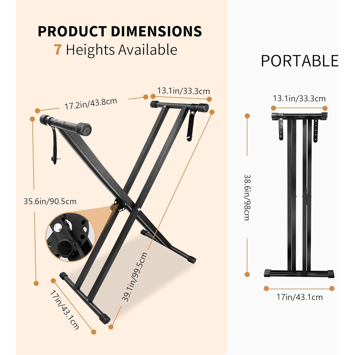 LETSROCK Adjustable Keyboard Stand Heavy Duty Double X Piano Stand with Lock Strap for 61 76 88 Keys