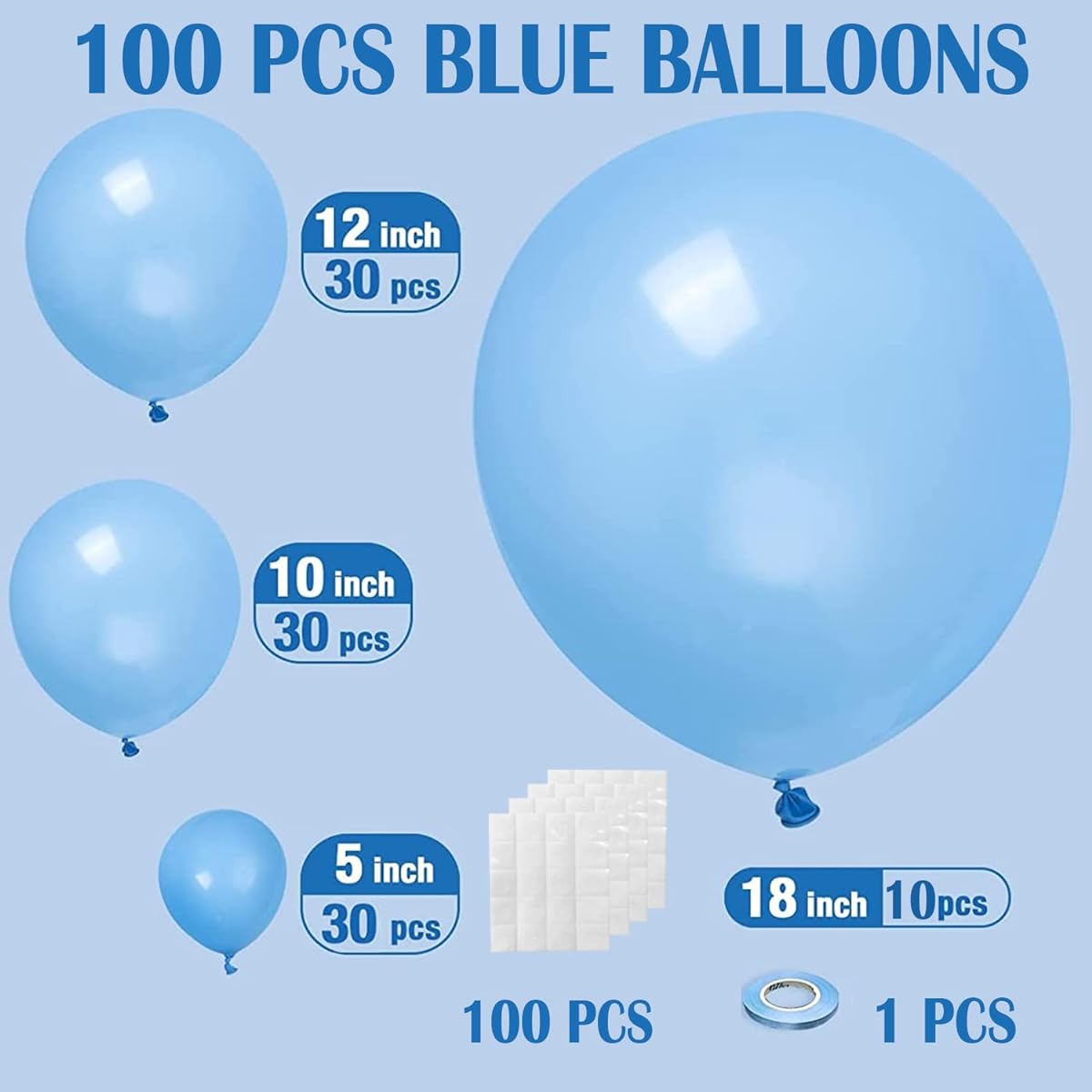 100pcs Pastel Blue Balloons, Light Blue Balloon Garland Arch Kit, 5/10/12/18inch Baby Blue Balloons for Gender Reveal Wedding Birthday Party Anniversary Baby Shower Decorations