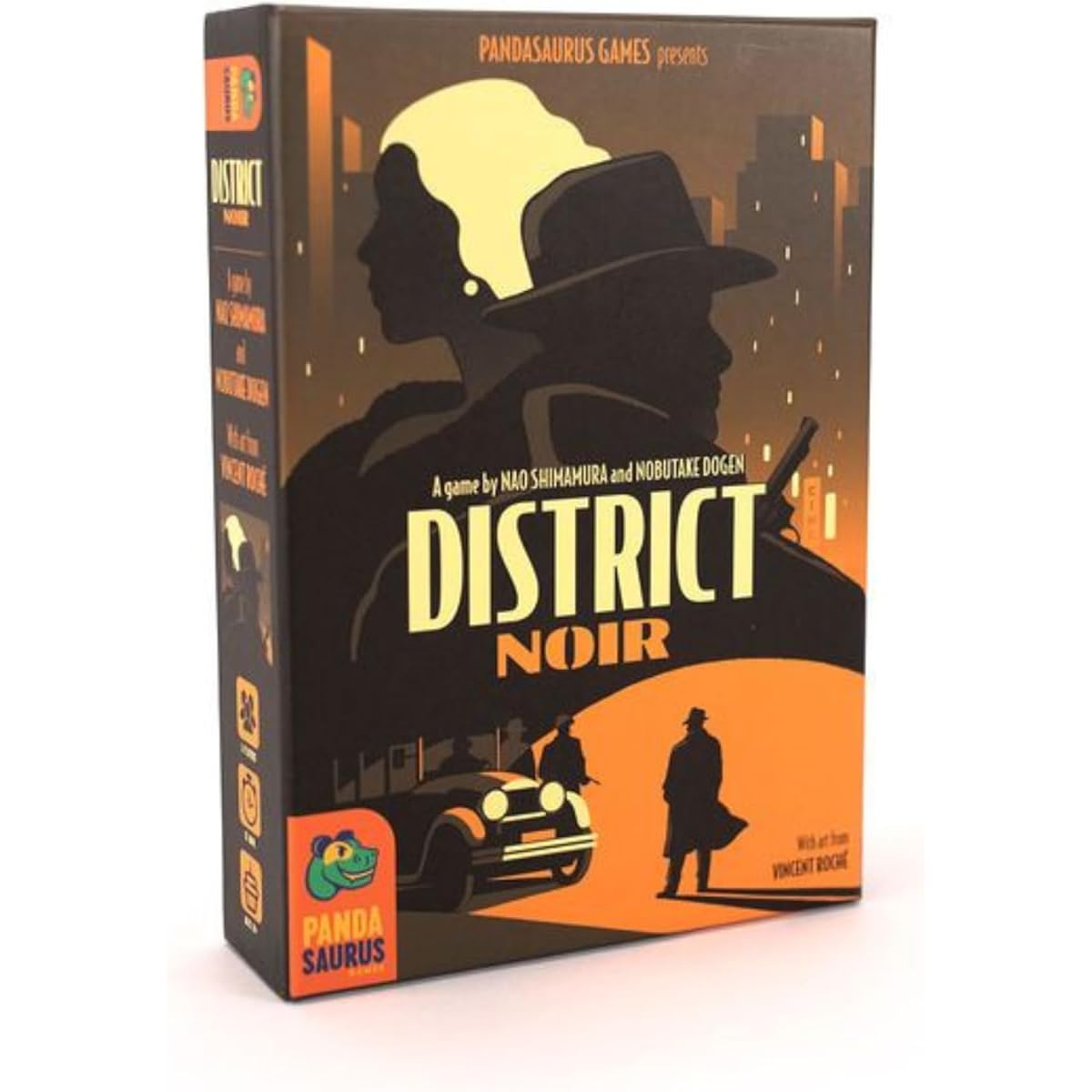 District Noir card game | Crime-themed bluff and set collection strategy game | Fun family game for kids and adults | Ages 10+ | 2 players | Average play time 10-20 minutes | Made by Pandasaurus Games