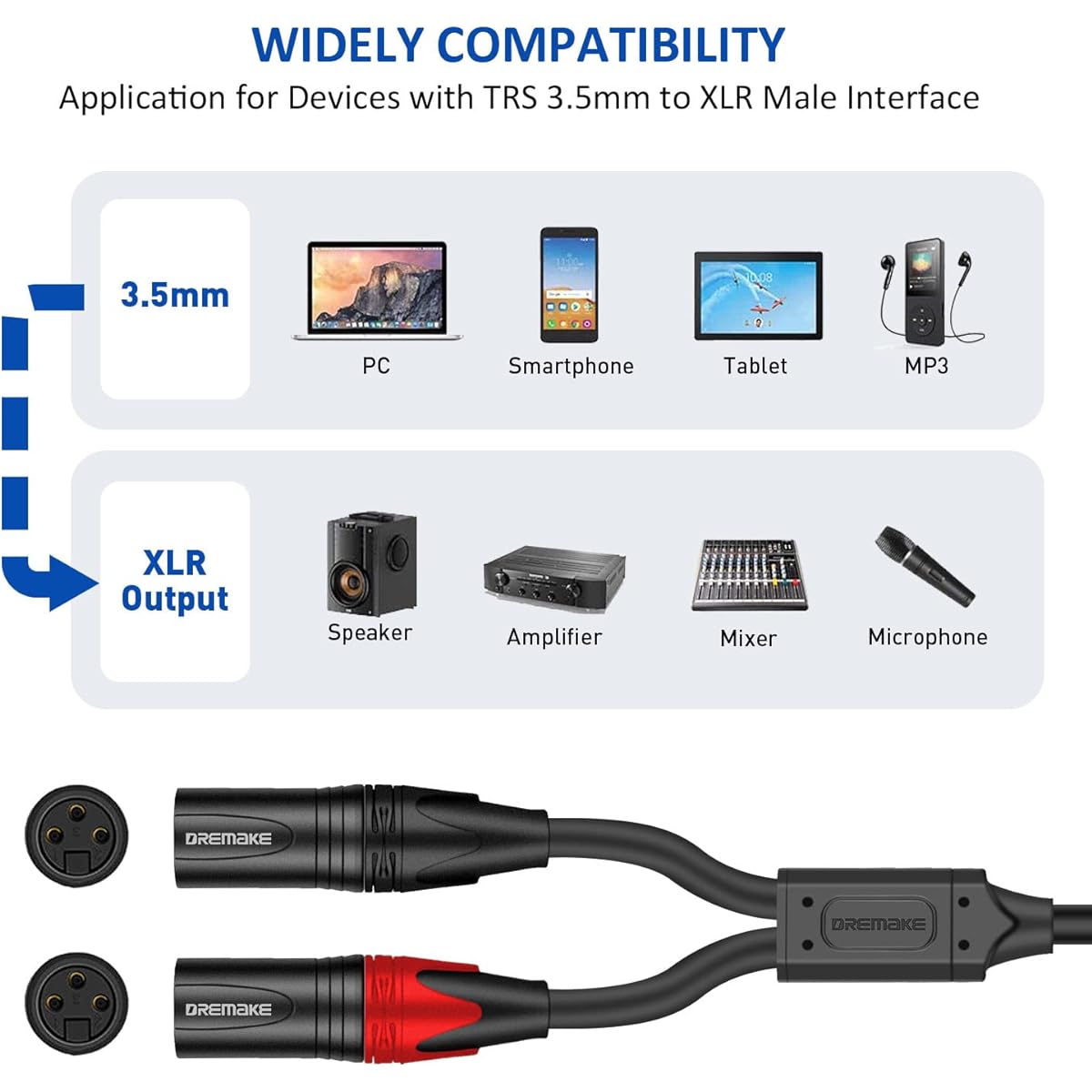 DREMAKE TRS 3.5mm 1/8" Male to Dual XLR 3 Pin Male Audio Breakout Cable 3ft 3.5mm 1/8" to Dual XLR Male Adapter Interconnect Y Splitter Cable Jack 3.5mm TRS Stereo to Double XLR Male Patch Cord