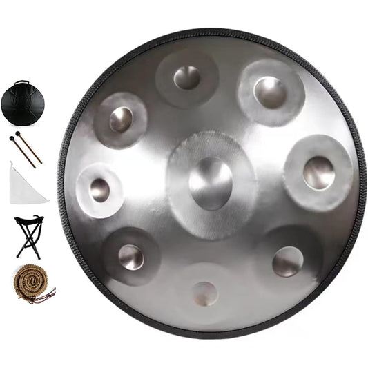 Handpan Drum 432Hz/440Hz 22"/58cm D Minor Scale Steel Drum with Soft Handpan Bag, 2 Handpan Mallets, Handpan Stand and Dustproof Cloth (Color: Silver, Size: 432Hz)