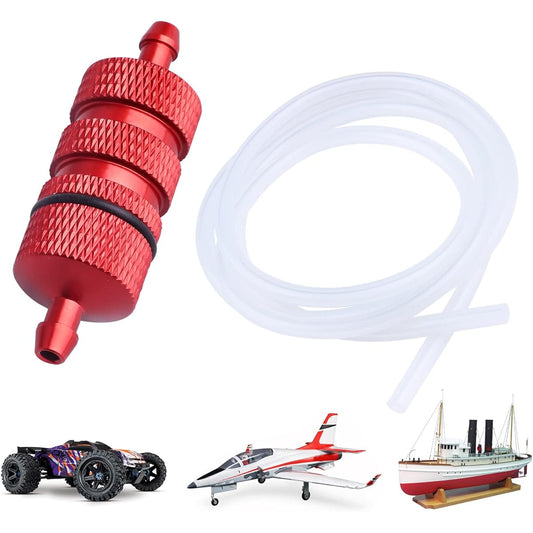 AllinRC RC Oil Filter Nitro Fuel Filter with Silicone Tube for 1/8 1/10 Traxxas Redcat HSP Team Related Racing Car Airplane Red Anodized