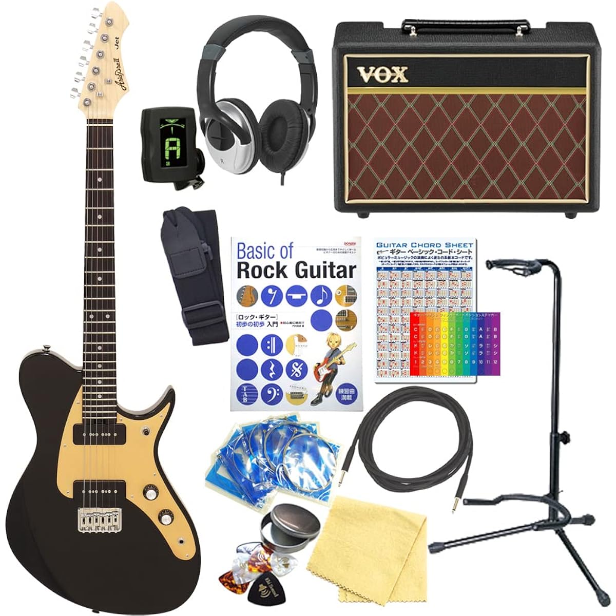 Electric guitar beginner set AriaProII JET BK Aria Jet 15-piece set with VOX amplifier